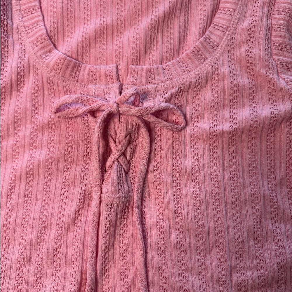 Pink Ribbed Tie Front Blouse - Picture 2 of 4